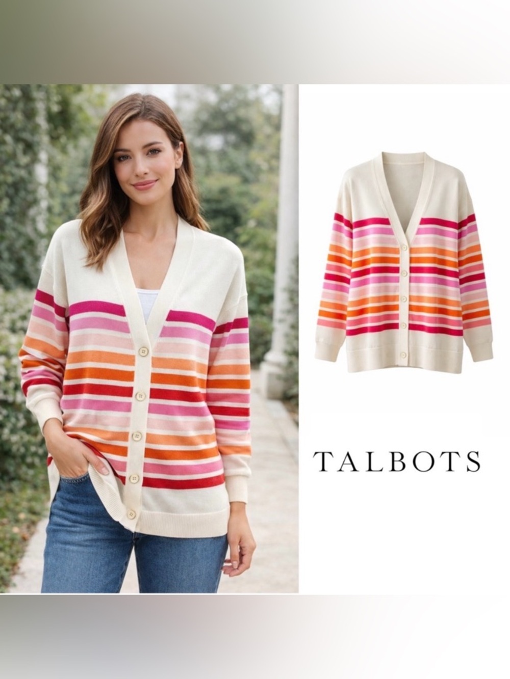 Talbots Sweater Girlfriend Cardigan Medium Petite Button Up Striped